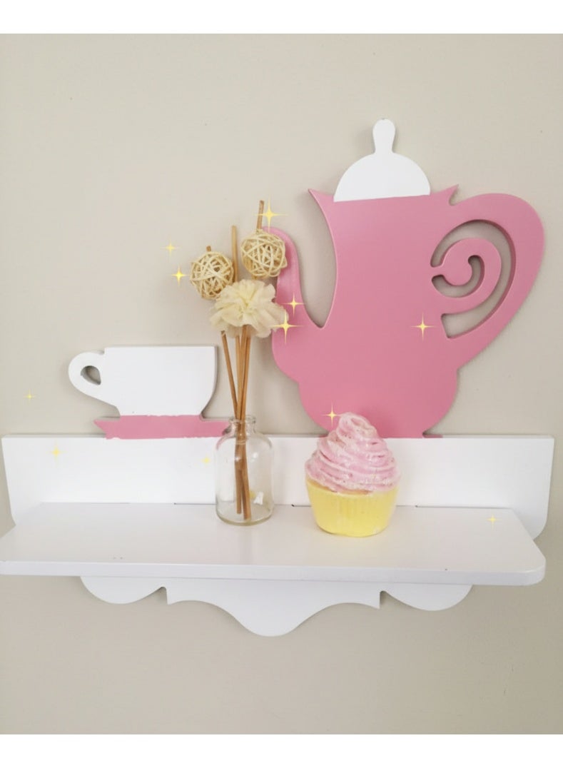 Modern decorative wall shelf shaped like a teapot and cup